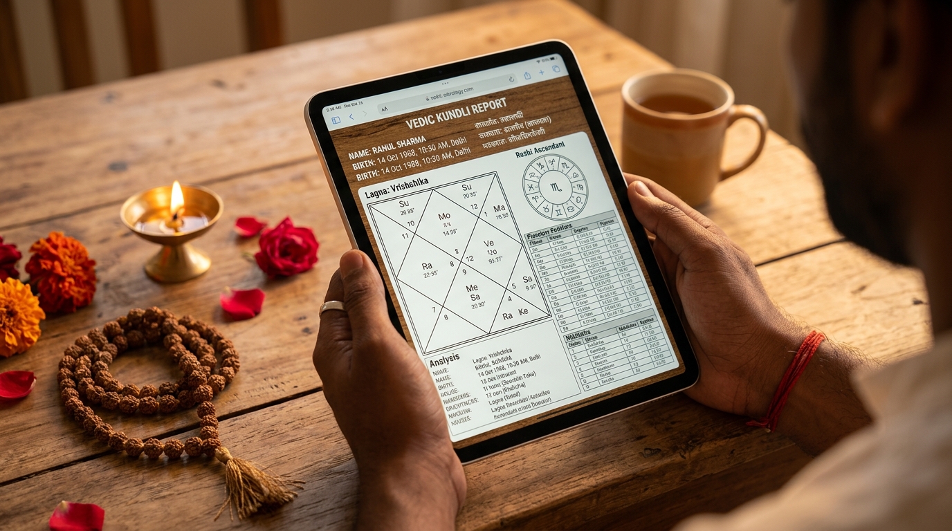 Personalised Vedic Kundli report on a tablet